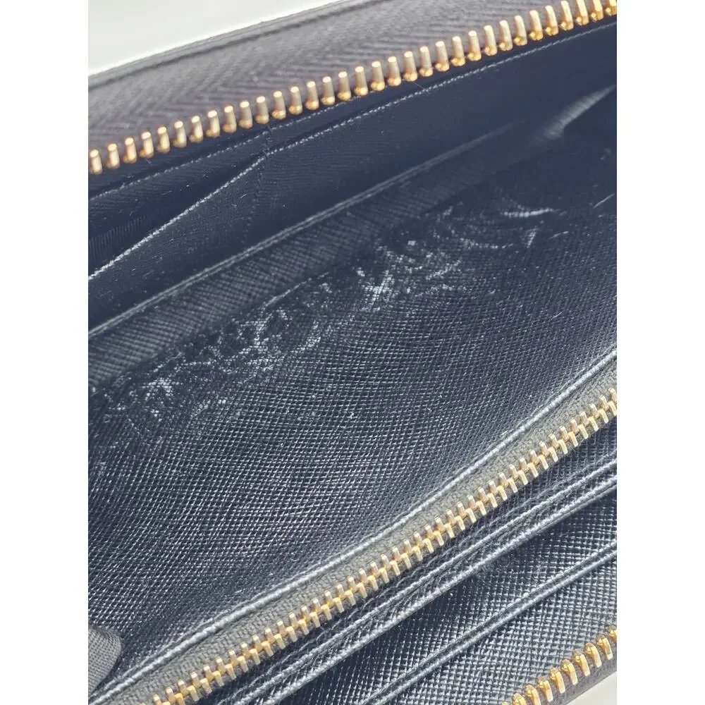 Prada Saffiano Fiocco Bow Zip Around Wallet Black Leather Gold Logo Italy